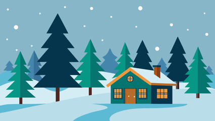 Naklejka premium Cozy winter cabin nestled among snow covered pine trees during snowfall