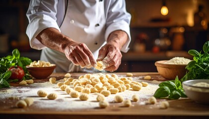 Close-up of a professional chef's hands skillfully preparing traditional homemade potato gnocchi on a floured wooden board.