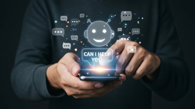 Person holding a smartphone with a chatbot assistant offering help with speech bubbles around it online - Powered by Adobe