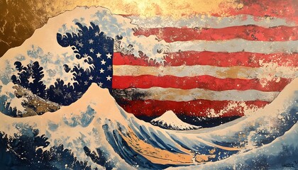 This abstract painting merges the iconic imagery of The Great Wave off Kanagawa with the stars and stripes of the American flag, featuring a stylized Mount Fuji and a textured, distressed appearance.