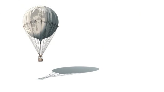A vintage-style hot air balloon ascends, casting a shadow, with birds in flight
