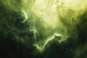 A celestial canvas of swirling green nebula clouds and scattered stars creates a captivating, mystical space scene.