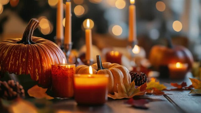 Warm candlelit thanksgiving day table setting with pumpkins and autumn leaves for a cozy celebration concept