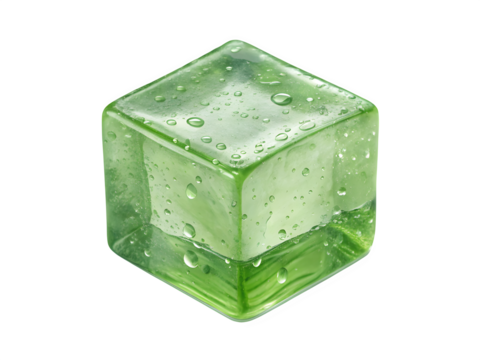Green ice cube with bubbles isolated on transparent background