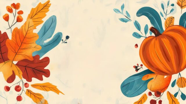 Thanksgiving day autumn frame with pumpkins and colorful leaves on textured background, celebrating seasonal harvest and gratitude