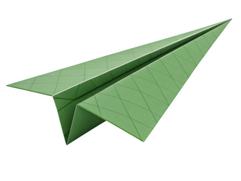 Green paper airplane flying forward isolated on transparent background