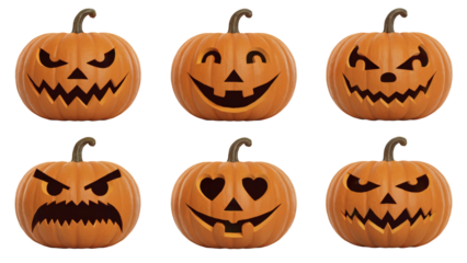 Six Halloween pumpkins with carved expressions for spooky autumn holiday season decorations and  greetings transparent PNG, isolated background