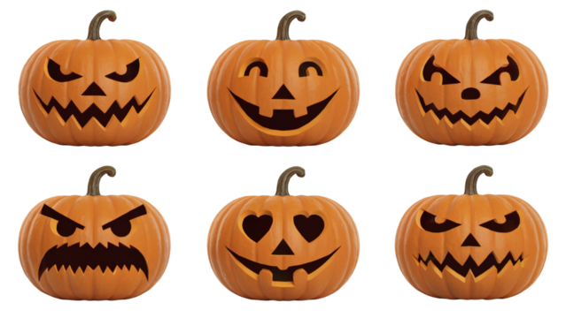 Six Halloween pumpkins with carved expressions for spooky autumn holiday season decorations and greetings transparent PNG, isolated background - Powered by Adobe