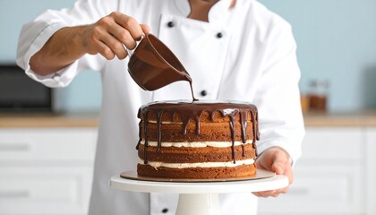 The art of confectionery A skilled pastry chef meticulously pouring a rich chocolate glaze over a multi-layered cake.