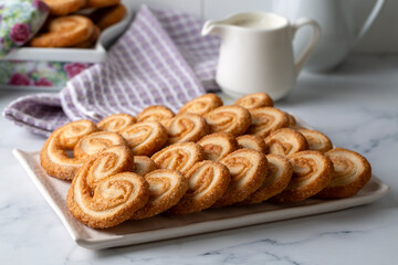 Golden palmier puff pastry cookies with caramelized layers on a white background, perfect for bakery branding or food visuals.