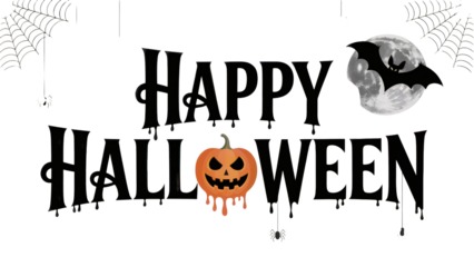 Spooky Happy Halloween design with bat, moon, spider webs, pumpkin, ideal for seasonal decoration transparent PNG, isolated background