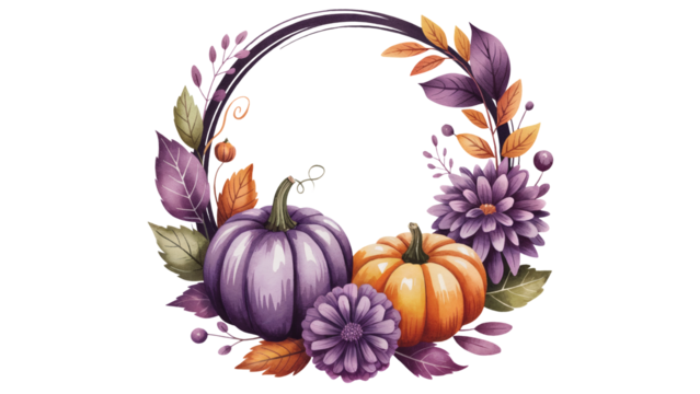 Fall floral wreath featuring pumpkins, autumn leaves, and dahlias for seasonal designs transparent PNG, isolated background - Powered by Adobe