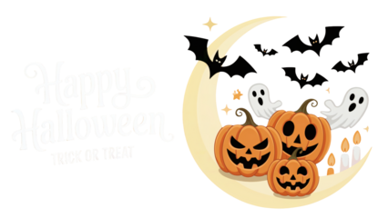 Happy Halloween celebration with pumpkins, bats, and ghosts on moon crescent for spooky holiday fun transparent PNG, isolated background