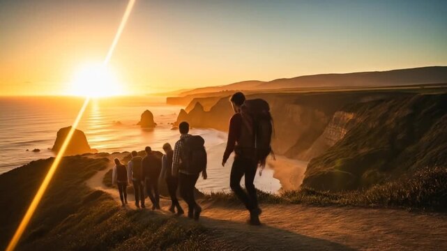 Group of Friends Hiking Coastal Path at Majestic Sunset, Overlooking Ocean and Cliffs