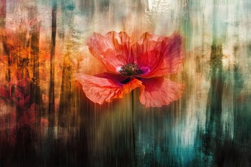 A digitally painted poppy, bursting with vibrant red petals, stands out against a textural background of blended earth tones and cool blues.