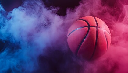 A basketball is partially obscured by dynamic clouds of blue and pink smoke, creating a dramatic and energetic atmosphere.
