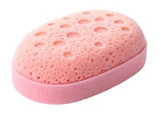 Pink oval exfoliating bath sponge with textured surface isolated on transparent background