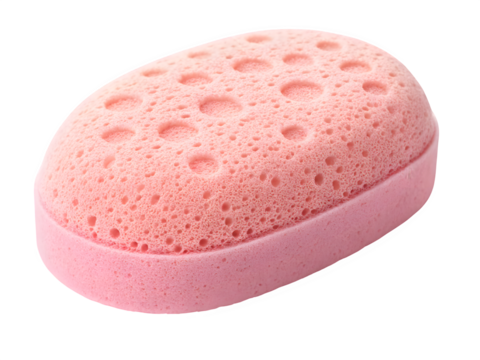 Pink oval exfoliating bath sponge with textured surface isolated on transparent background