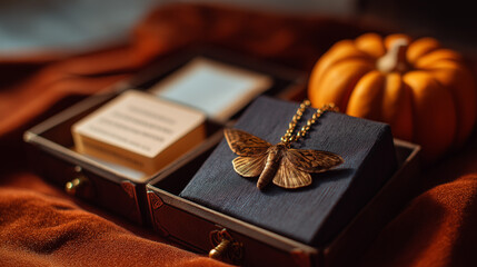 Fototapeta premium Moth Specimen Drawer with Pumpkin Charm on Velvet Background