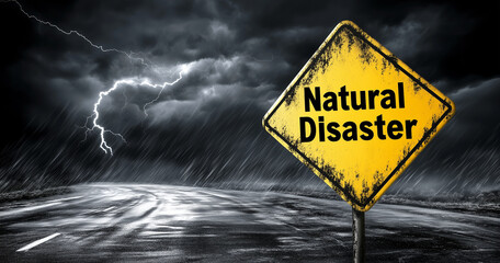 Fototapeta na wymiar Yellow warning sign for natural disasters against stormy thunderclouds