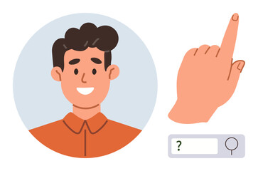 Smiling young man in orange shirt, a raised hand with index finger pointing upward, and a search bar with a question mark. Ideal for curiosity, inquiry, searching, education, problem-solving