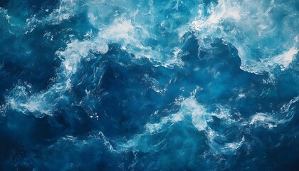 Fototapeta premium This vivid oil painting depicts a deep blue ocean with white foamy waves, rendered in an expressive, abstract style that emphasizes texture and movement.