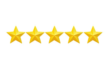 Five golden stars represent a five-star rating on a transparent background, symbolizing positive feedback and customer satisfaction