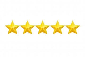Five golden stars represent a five-star rating on a transparent background, symbolizing positive feedback and customer satisfaction