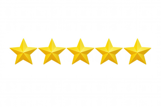Five golden stars represent a five-star rating on a transparent background, symbolizing positive feedback and customer satisfaction