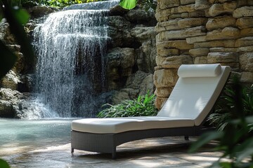 Obraz premium A serene waterfall oasis with a comfortable lounge chair nestled among lush greenery and a stone wall.