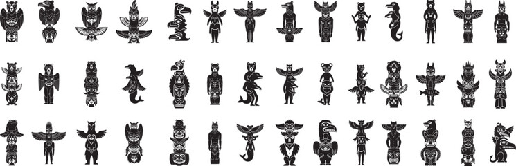 A collection of totem pole illustrations in black and white showing various animal and human figures
