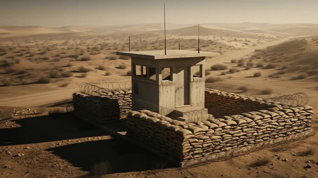Panoramic Desert Watchtower: Fortified Outpost in Arid Landscape with Sand Dunes