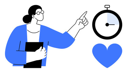 Female figure with glasses holding a clipboard, pointing at stopwatch next to heart shape. Ideal for time management, productivity, healthcare, education, efficiency, motivation, simple landing page
