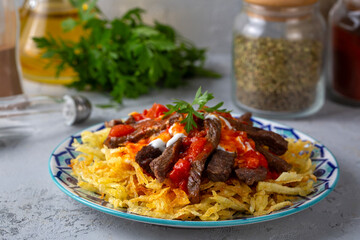 Turkish food; Cokertme Kebab - Beef meat kebab with yoghurt and french fries