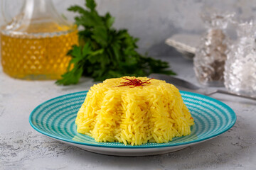 A plate of saffron rice pilaf (Turkish name; safranli pilav)