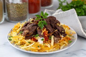 Turkish food; Cokertme Kebab - Beef meat kebab with yoghurt and french fries