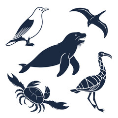 Fototapeta premium silhouettes vector collection of animal and birds silhouettes in a minimalist style, using only 2–3 solid colors. The designs clean, sharp edges, bold contrast, and simple shapes