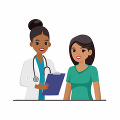 Fototapeta premium Flat vector icon of a doctor holding a clipboard and explaining results to a patient, symbolizing consultation and diagnosis.