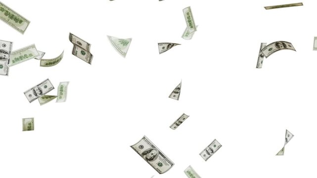 3d dollars bills exploding to down failing animation on transparent background chroma key, Perfect for finance videos, investment themes, economic crisis concepts, advertising, and motion graphics.