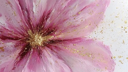 Obraz premium Close-Up Abstract Pink Flower Burst with Gold Particles and White Background