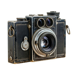 Antique camera, dark gray/black body, with silver metal parts, showing age
