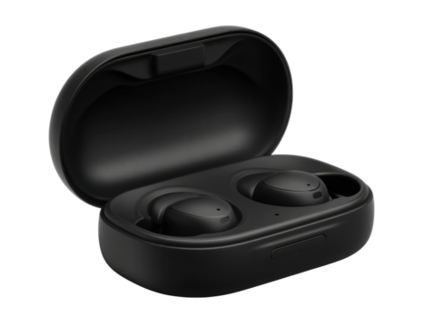 Close-up photography of indoor wireless earbuds charging case