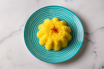 A plate of saffron rice pilaf (Turkish name; safranli pilav)