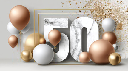 Gold-trimmed marble numeral fifty framed by copper, white balloons, metallic splatter highlighting luxurious milestone celebration