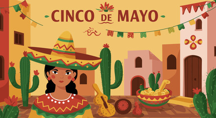 Naklejka premium Cinco de Mayo Festive Celebration with Traditional Elements and Woman in Sombrero