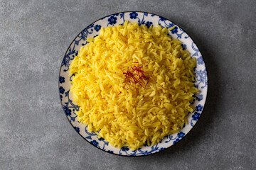 A plate of saffron rice pilaf (Turkish name; safranli pilav)