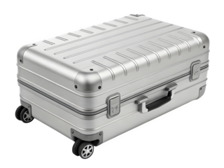 Silver aluminum travel suitcase with wheels isolated on transparent background