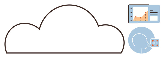 Cloud outline linked with analytics chart and user communication screen. Ideal for technology, data, connectivity, cloud computing, communication, digital transformation, innovation. Simple flat