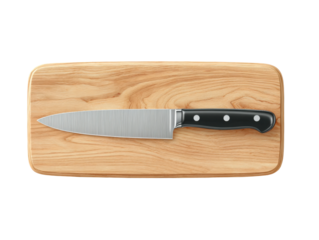 Chef's knife in action chopping vegetables - a top view perspective