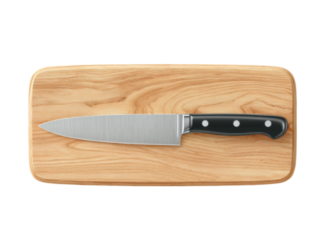 Chef's knife in action chopping vegetables - a top view perspective